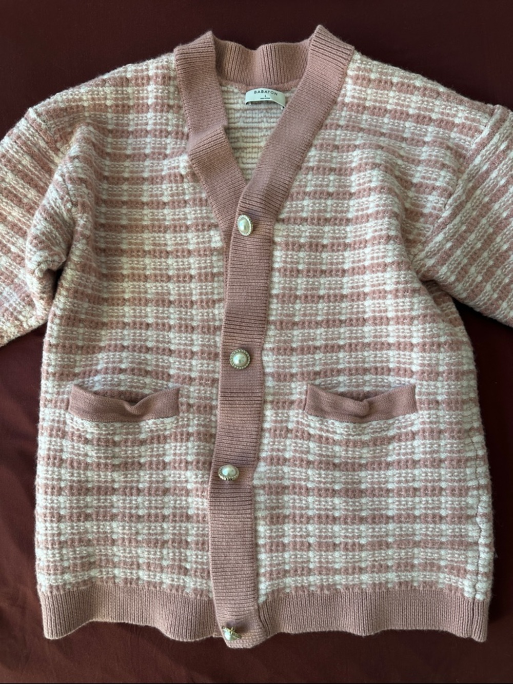 Aritzia Pink and Cream Tweed Cardigan